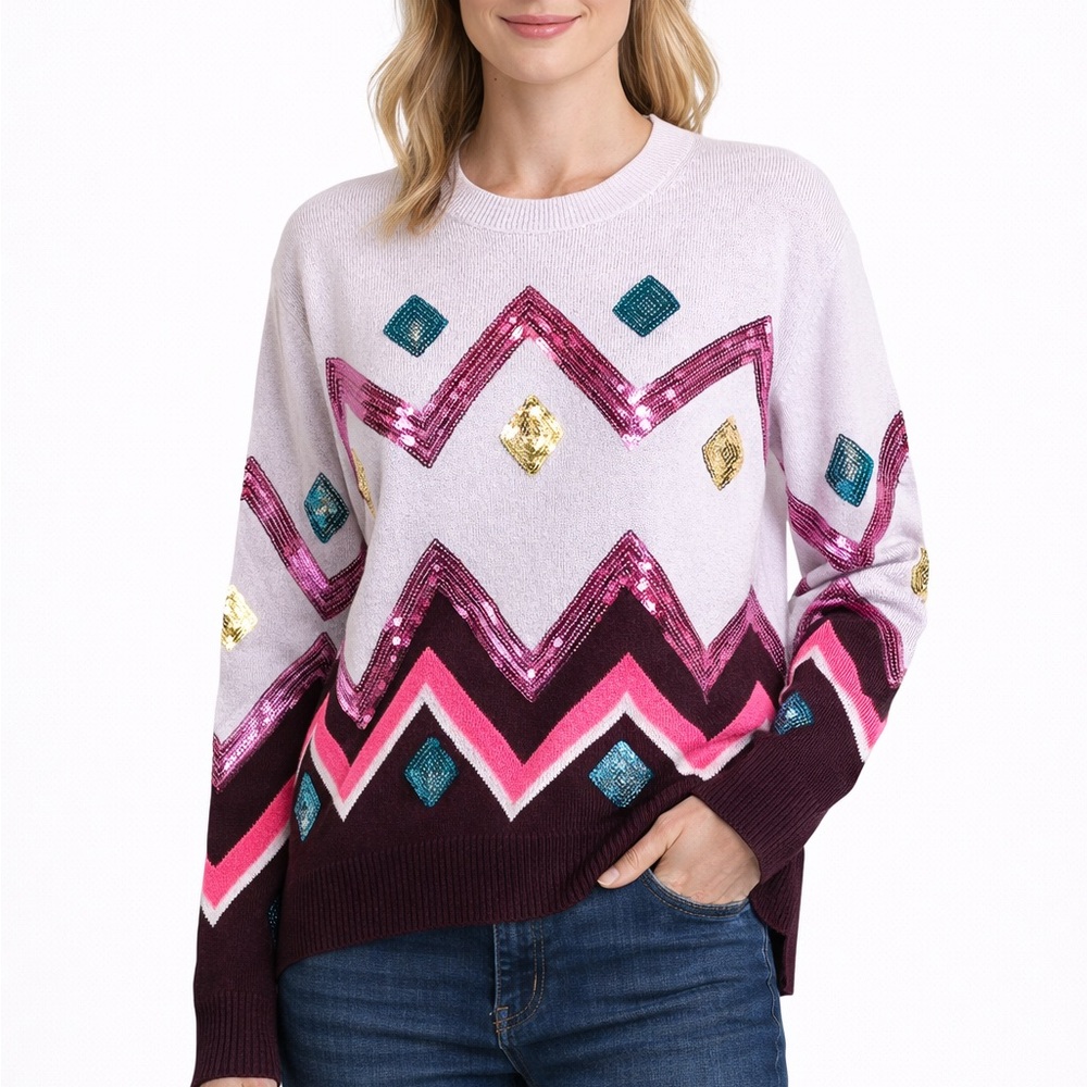 LISA TODD Geometric Patterned Sweater - Sequin Multicolor size small relaxed fit